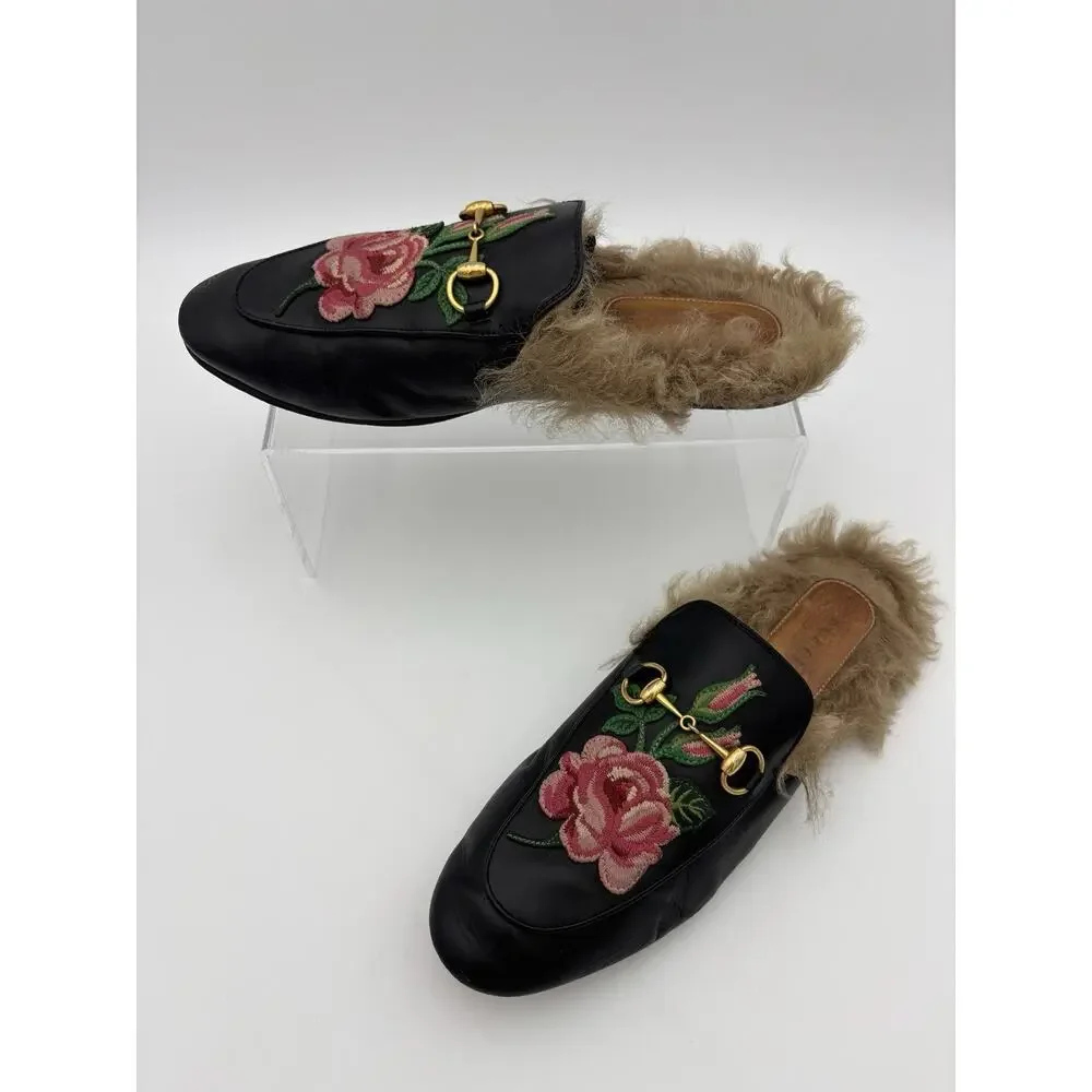 Gucci Princetown Loafer Black Leather Rose Embroidered Horsebit Size 38 / 8 Fur - Picture 16 of 16